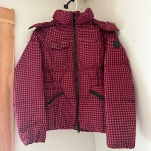 Coach Puffer Jacket S Red/Black Checker Detach Fur trim hood was$799. Very good.